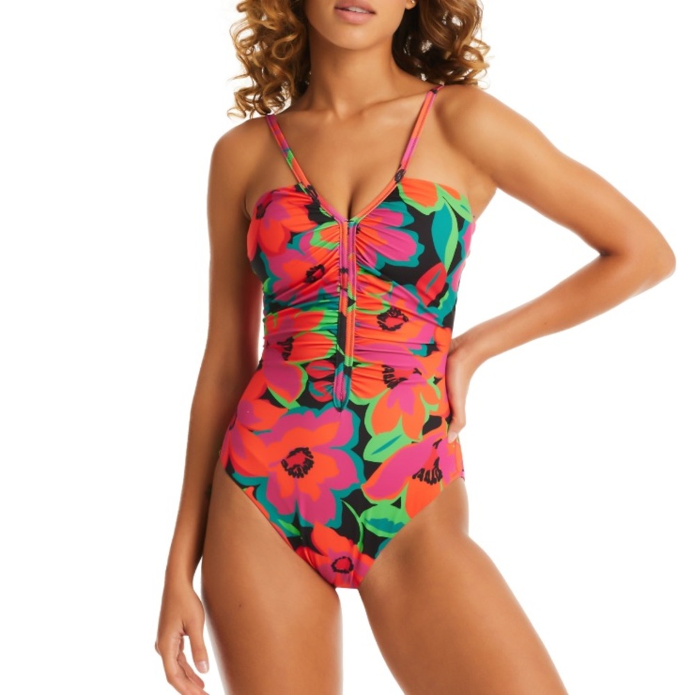 Sanctuary Printed Gardener Shirred-Front One-Piece Swimsuit size Medium